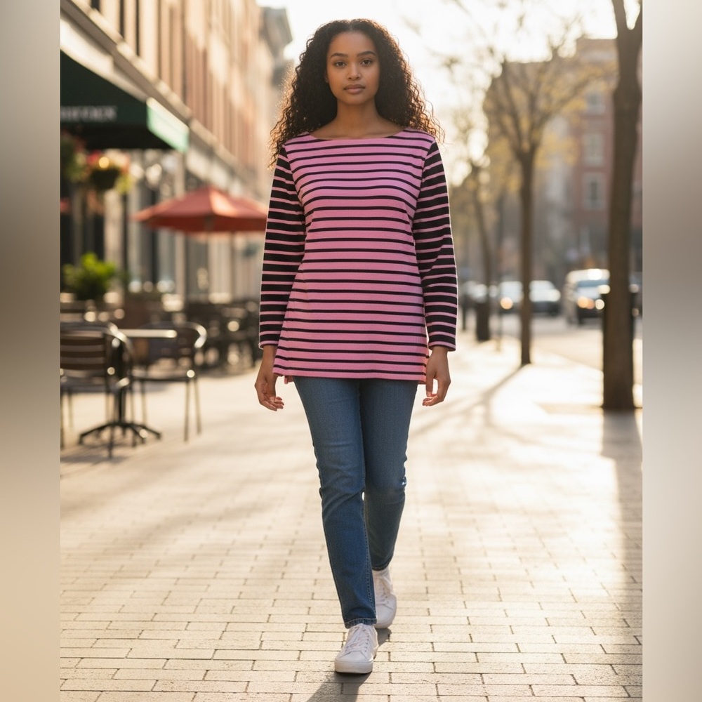 LOFT Pink & Black Striped Cotton Boatneck Top Women’s